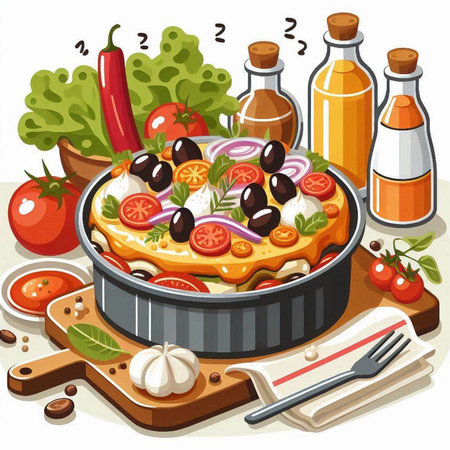 Illustration of a piece of pizza in a frying pan with ingredients aroundのイラスト素材