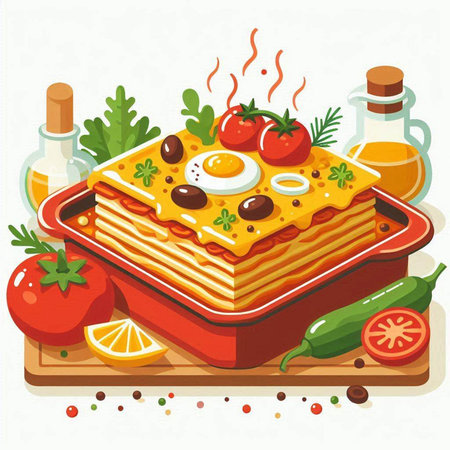 Illustration of lasagna with tomato sauce, olives and eggのイラスト素材