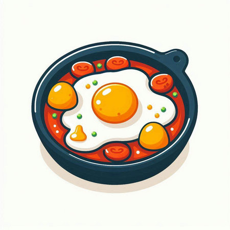 Fried eggs in a frying pan on a white background. Vector illustration.のイラスト素材
