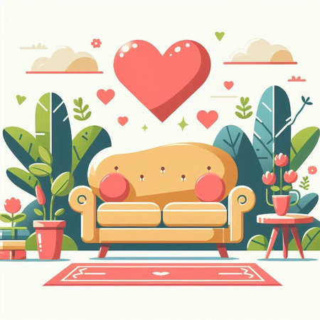 Valentine's Day background with sofa and hearts. Vector illustration.のイラスト素材