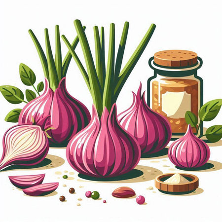 Garlic, onion and spices on white background. Vector illustration.のイラスト素材