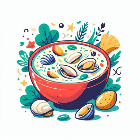 Seafood soup in a bowl. Hand drawn vector illustration.のイラスト素材