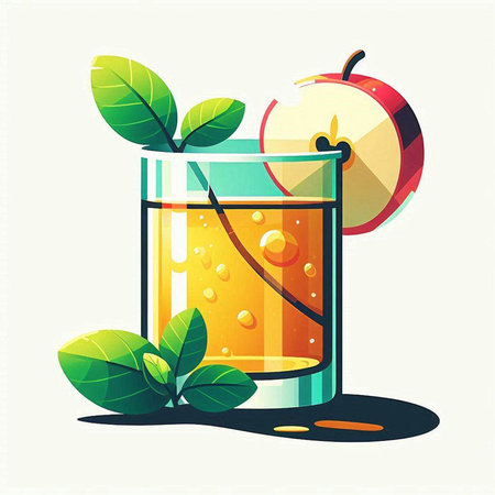 Glass of orange juice with apple slices and leaves, vector illustration.のイラスト素材