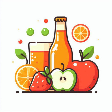 Fruit juice in bottle, apple, orange, strawberry, pear. Vector illustration.のイラスト素材