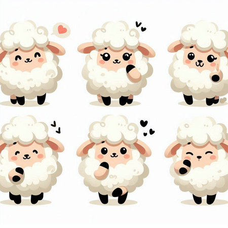 Set of cute cartoon sheep with different emotions. Vector illustration isolated on white background.のイラスト素材