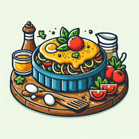 Illustration of fried egg with tomato sauce and vegetables on wooden boardのイラスト素材