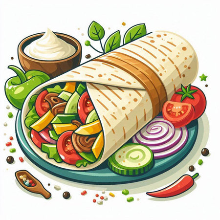 Tortilla wrap with vegetables and sour cream. Vector illustration.のイラスト素材