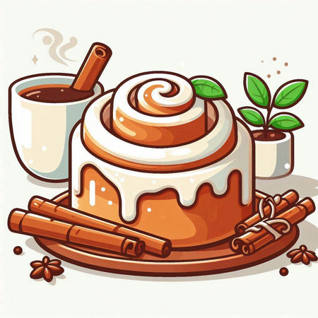 Illustration of cinnamon roll with a cup of coffee and cinnamon sticksのイラスト素材