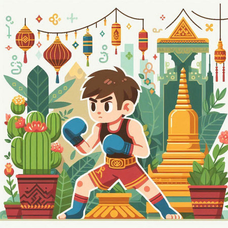 Happy Chinese New Year. Cartoon vector illustration. Cute little boy in boxing gloves.のイラスト素材