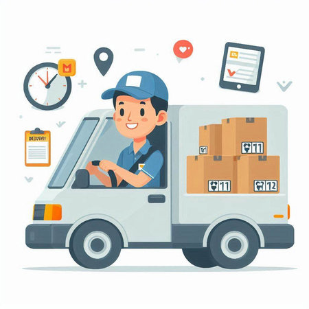 Delivery man in uniform and car with boxes. Vector illustration in flat styleのイラスト素材