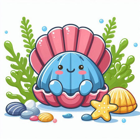 Cute cartoon seashell with starfish and seaweed. Vector illustration.のイラスト素材