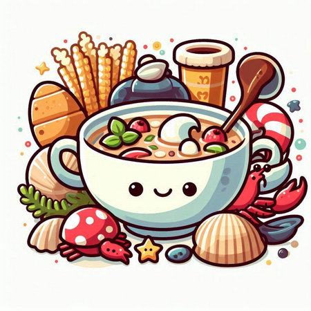 Cute cartoon vector illustration of a bowl of soup with ingredients.のイラスト素材