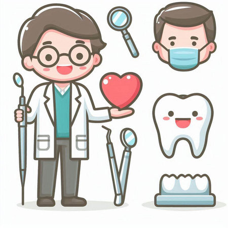 Dentist and dental tools cartoon character vector illustration graphic design.のイラスト素材