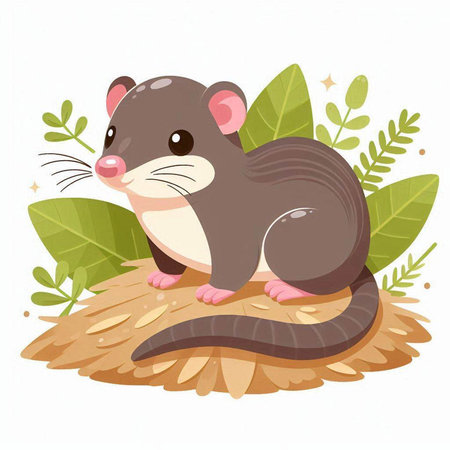 Cute rat sitting on a nest with leaves. Vector illustration.のイラスト素材