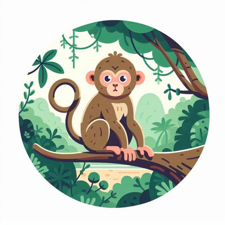 Cute monkey sitting on a tree branch in the jungle. Vector illustration.のイラスト素材