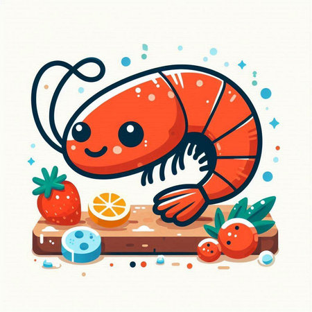 Cute cartoon shrimp with lemon and strawberries. Vector illustration in flat style.のイラスト素材