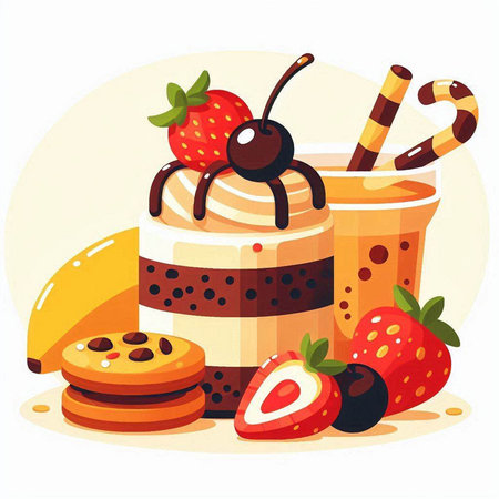 Fruit smoothies with strawberries, banana and chocolate. Vector illustrationのイラスト素材