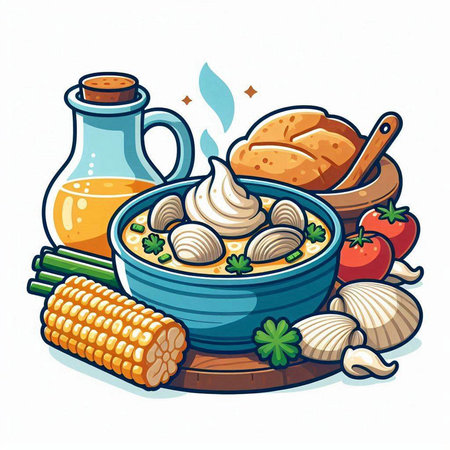 Creamy soup with dumplings and vegetables, vector illustrationのイラスト素材