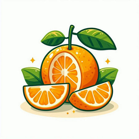 Orange fruit with leaves isolated on white background. Vector cartoon illustration.のイラスト素材