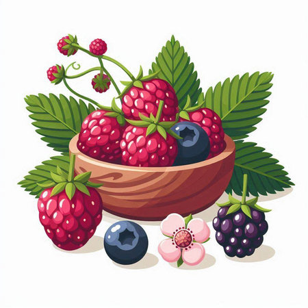 Raspberry and blueberry in a wooden bowl with leaves. Vector illustration.のイラスト素材