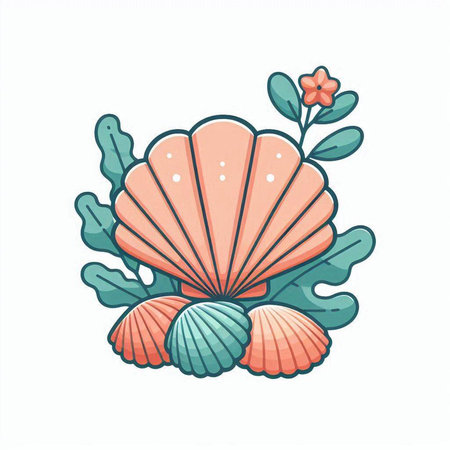 Cute hand drawn scallop shell and seaweed. Vector illustration.のイラスト素材
