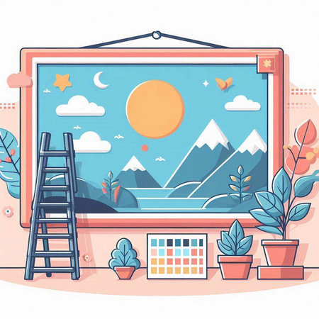 Vector illustration of a window with a picture of mountains and a ladder.のイラスト素材