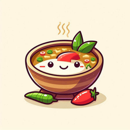 Cartoon vector illustration of a bowl of soup with kawaii vegetable characterのイラスト素材