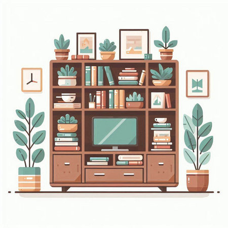 Bookshelf with books and plants. Flat style vector illustration.のイラスト素材