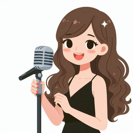 Beautiful woman singing in a karaoke. Vector illustration.のイラスト素材