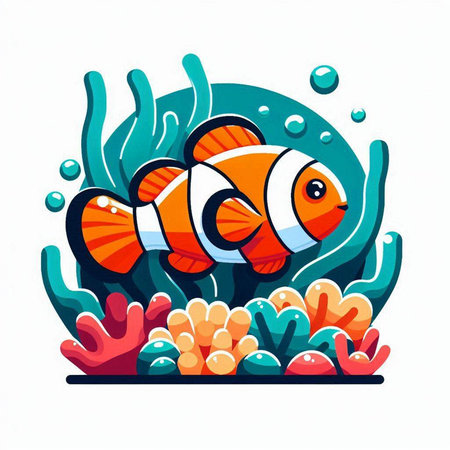 Clown fish in aquarium with corals and seaweed. Vector illustrationのイラスト素材
