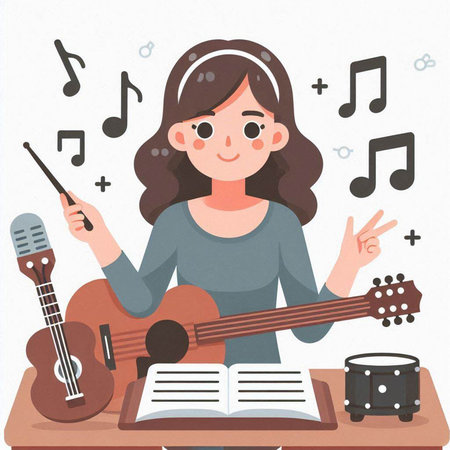 Illustration of a Girl Playing Guitar and Listening to Music.のイラスト素材