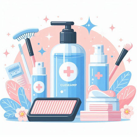 Cosmetic products. Vector illustration in flat style. Hand sanitizer, liquid soap, lotion, cream, lotion, powder, shower gel, face powder, beauty products.のイラスト素材