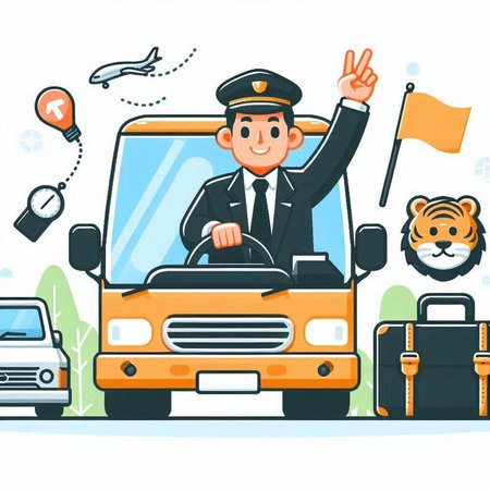 Vector illustration of a taxi driver in uniform driving a yellow bus.のイラスト素材
