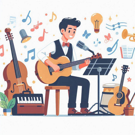 Musician playing guitar, singing and playing music. Flat vector illustration.のイラスト素材