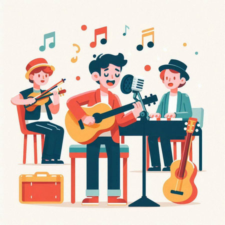 Musicians playing musical instruments flat vector illustration. Cartoon man and woman singing and playing guitar.のイラスト素材