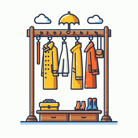 Clothes rack with different clothes and accessories. Vector illustration in doodle styleのイラスト素材