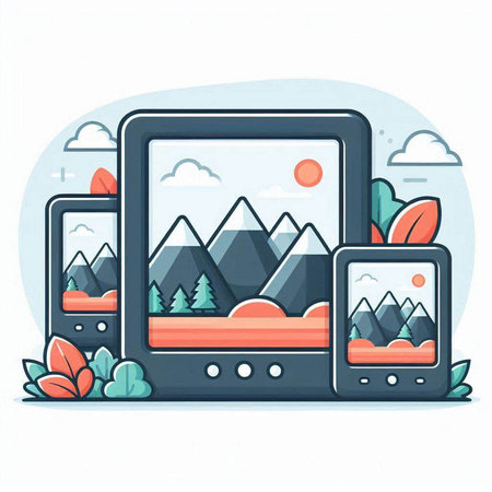 Vector illustration of mobile phone with nature landscape on screen. Modern flat line design concept for web banners, infographics, hero images.のイラスト素材