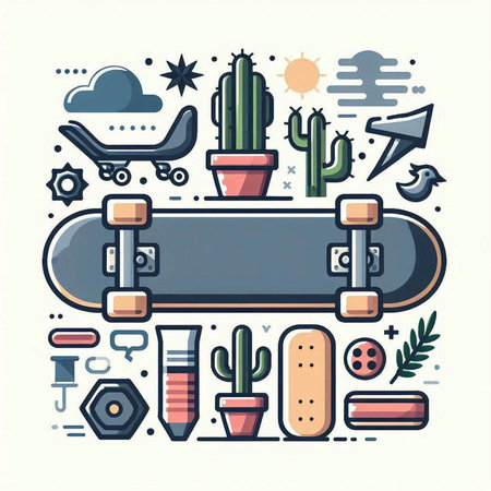 Skateboard and cacti. Vector illustration in flat styleのイラスト素材