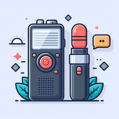 Vector illustration of portable radio with microphone and speech bubble. Flat line art design for web, site, advertising, banner, poster, board and print.のイラスト素材