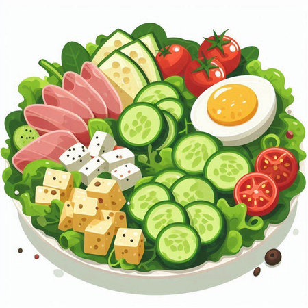 Salad with cucumber, eggs, cheese and tomatoes. Vector illustration.のイラスト素材