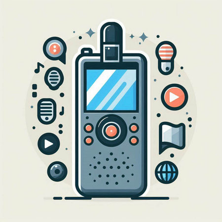 Vector illustration of portable radio with different media icons. Flat thin line design.のイラスト素材