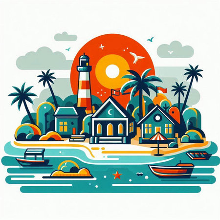Vector illustration of a seascape with a lighthouse, houses, palm trees and a boat on the sea.のイラスト素材
