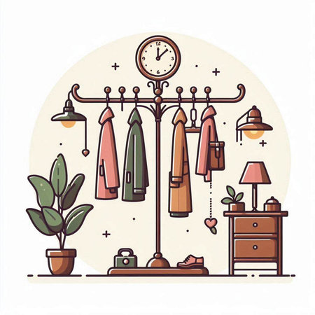 Vector illustration of wardrobe with clothes hangers, clocks and lamps.のイラスト素材