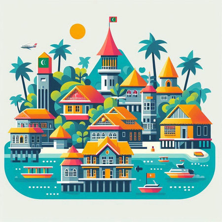 Vector illustration of a tropical island with palm trees, boats and housesのイラスト素材