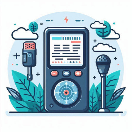 Vector illustration of digital music player with microphone, headphones, sound recording equipment.のイラスト素材