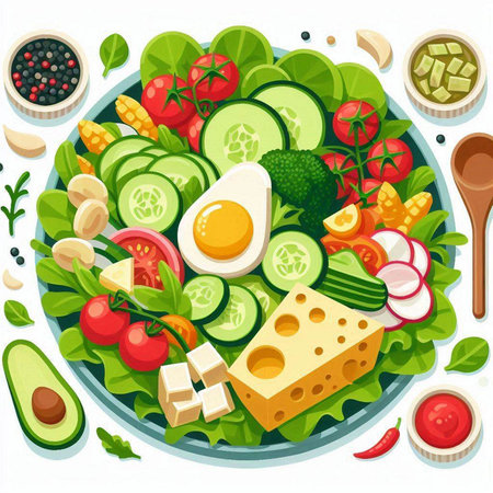 Healthy food. Vector illustration of fresh vegetable salad with egg, cheese, cucumber, tomato, radish, onion, lettuce, pepper, parsley, cherry tomatoes and herbsのイラスト素材
