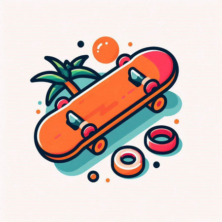 Skateboard and palm tree. Vector illustration in doodle styleのイラスト素材