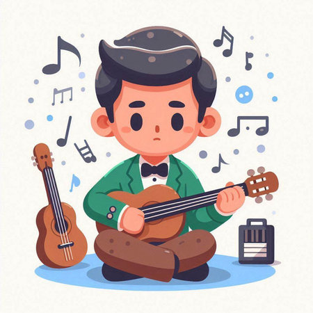 Boy playing the ukulele. Vector illustration in cartoon styleのイラスト素材