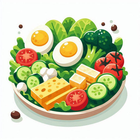 Vector illustration of fresh salad with eggs, cheese and vegetables in plateのイラスト素材