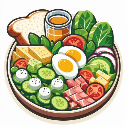 Healthy breakfast vector illustration. Salad with eggs, bacon, tomato, cucumber, lettuce, onion, breadnnaise.のイラスト素材